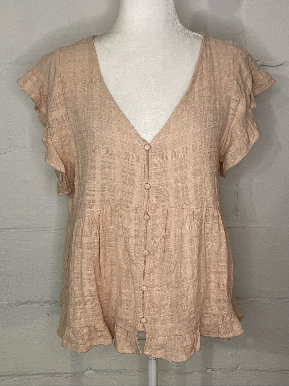 Light Peach Button-Front V-Neck Ruffle Sleeve Blouse